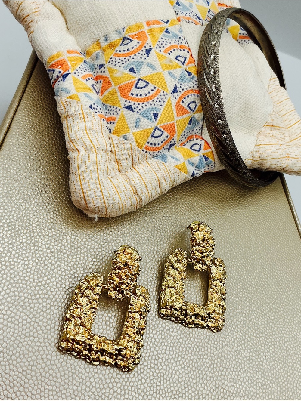 Gold Textured Open-Rectangle Drop Earrings & Silver Tone Bangle